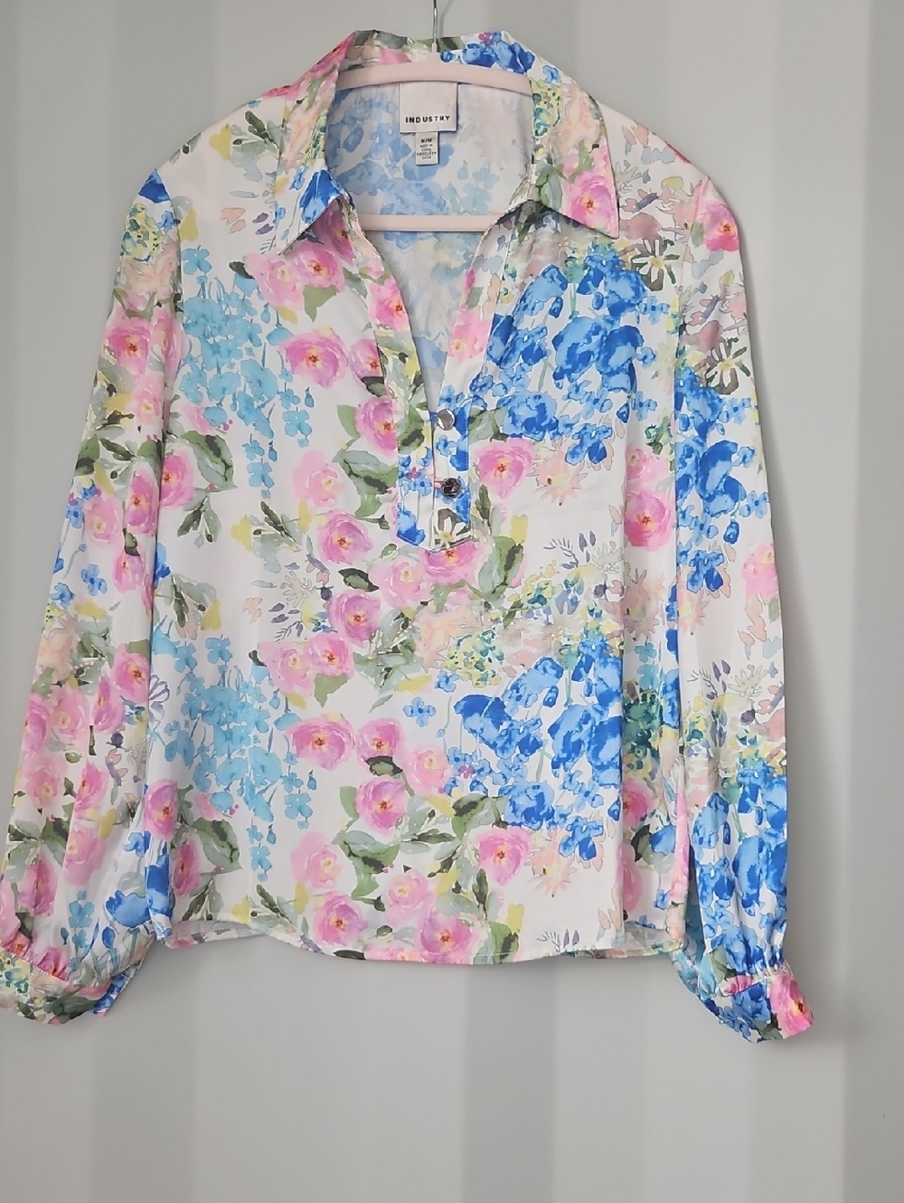INDUSTRY Floral Button-Front Long-Sleeve Blouse — Pink & Blue Size M